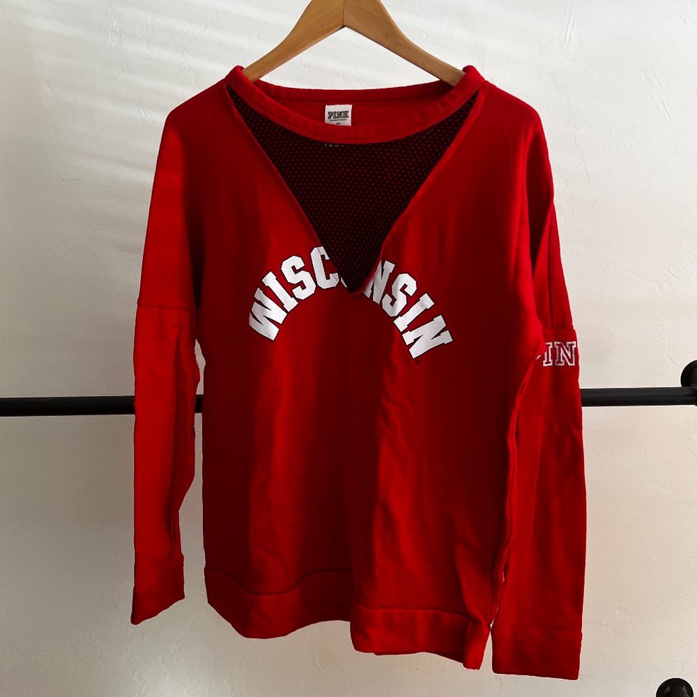 PINK Wisconsin Badgers Red Mesh V-Neck Sweatshirt S
